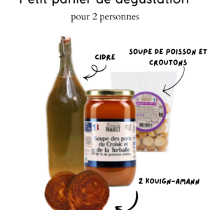 Petit panier de dégustation pour 2 : cidre, soupe de poissons et croutons, kouign amann